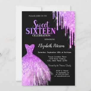 Coole Lila Glitzer Tropfen, Dress Black Sweet 16 Einladung