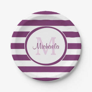 Coole Lila Magenta-Streifen und Monogramm Pappteller