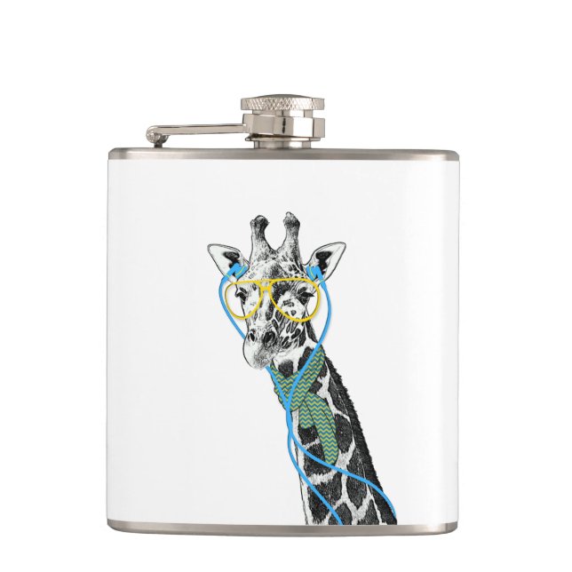 Coole lustige trendy Giraffe mit Brille, Ohrhörern Flachmann (Vorderseite)