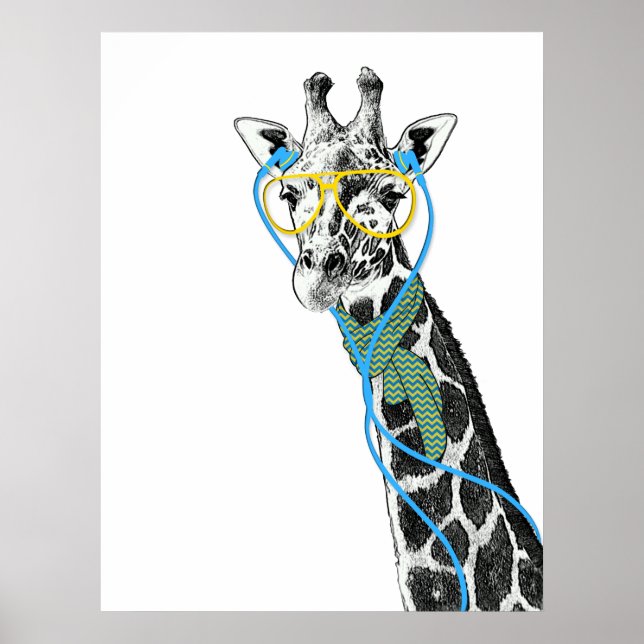 Coole lustige trendy Giraffe mit Brille, Ohrhörern Poster (Vorne)