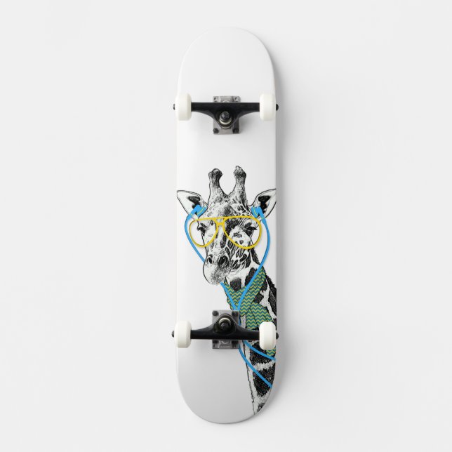 Coole lustige trendy Giraffe mit Brille, Ohrhörern Skateboard (Vorderseite)