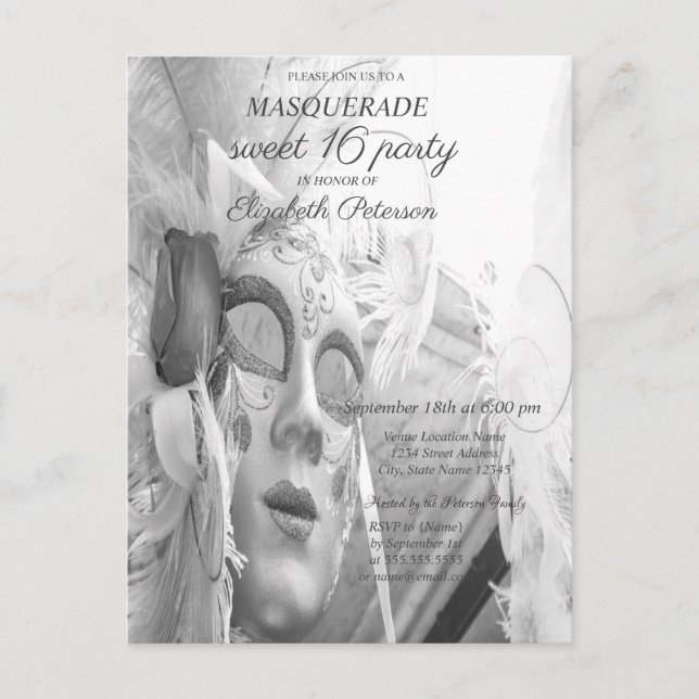 Coole Masquerade Chic Masque Sweet 16 Einladungspostkarte (Vorderseite)