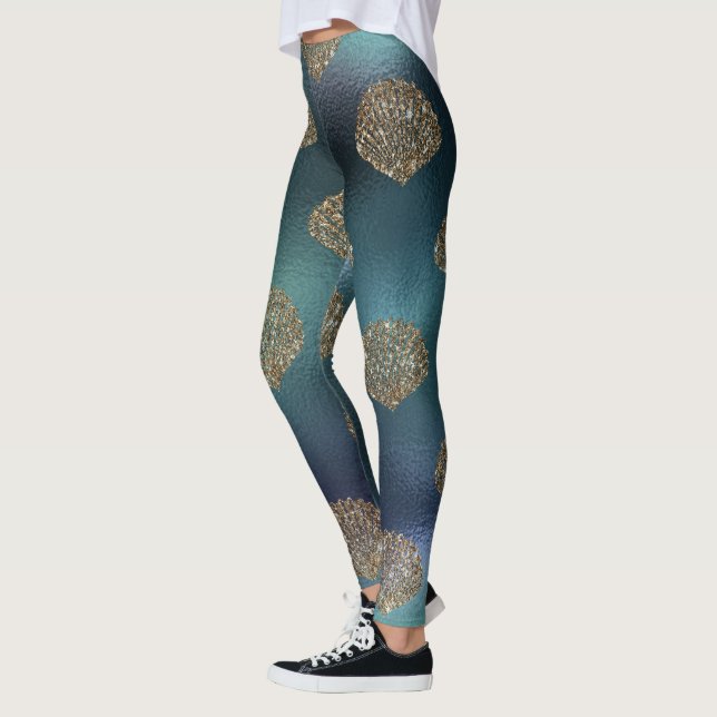coole Meerjungfrau Glitzer Muscheln Blau Gold Einh Leggings (Links)