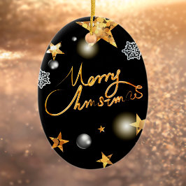 Coole Metallic Gold Black Stars Merry Xmas Script Keramik Ornament