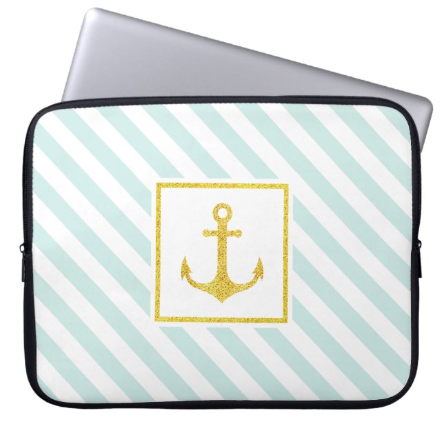 Coole Minze, weiße Streifen Goldener Anker Laptopschutzhülle (Vorderseite)