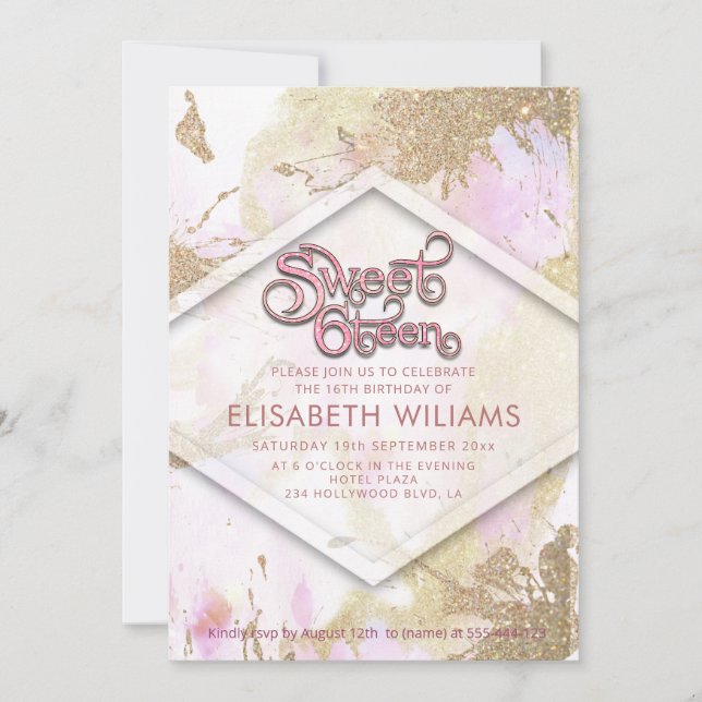 Coole moderne Aquarelltypografie süß 16 Einladung (Vorderseite)