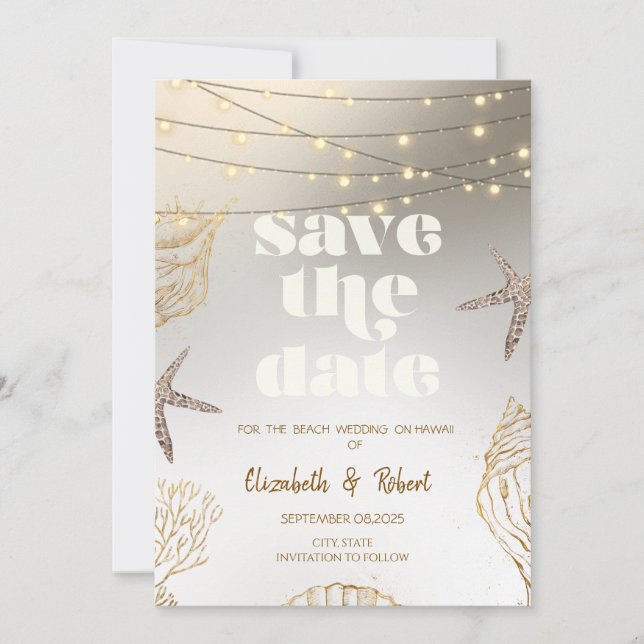 Coole Muscheln am Strand, Lichter Save the Date (Vorderseite)