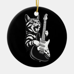 Coole Musikliebe   Rockkatze spielt elektrische Gi Keramik Ornament