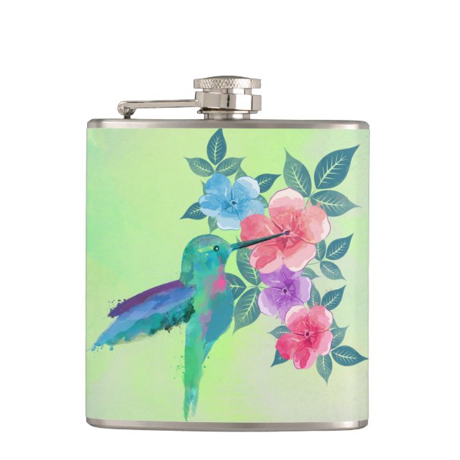 Coole, niedliche Aquarellfarben mit Kolibri Flachmann (Vorderseite)