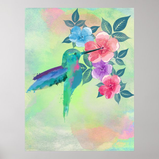 Coole, niedliche Aquarellfarben mit Kolibri Poster (Vorne)