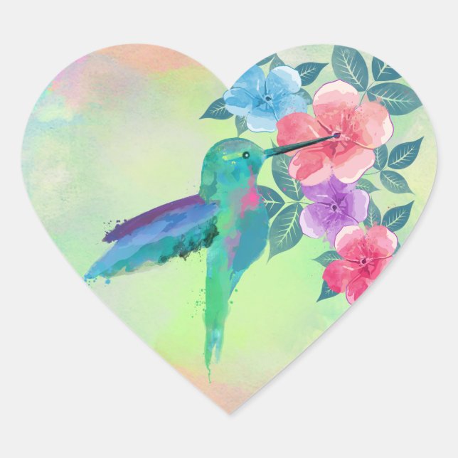 Coole niedliche trendige Wasserfarben mit Kolibri- Herz-Aufkleber (Vorderseite)