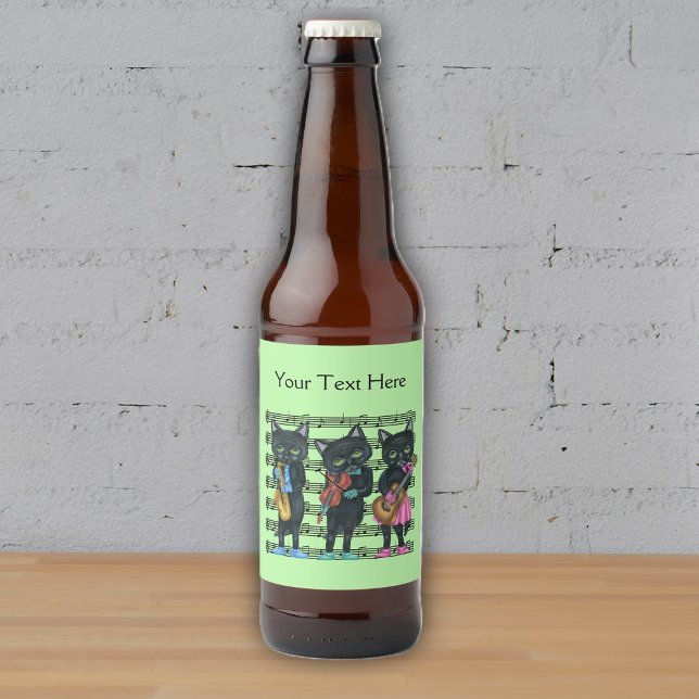 Coole Noten von Black Cats Instruments Bierflaschenetikett (Three cool cat musicians on sheet of black music notes on light green beer bottle personalised label)