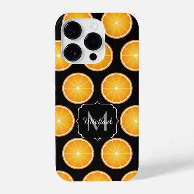 Coole Orangenfruchtscheiben schwarz Monogramm iPhone 14 Pro Hülle (Rückseite)