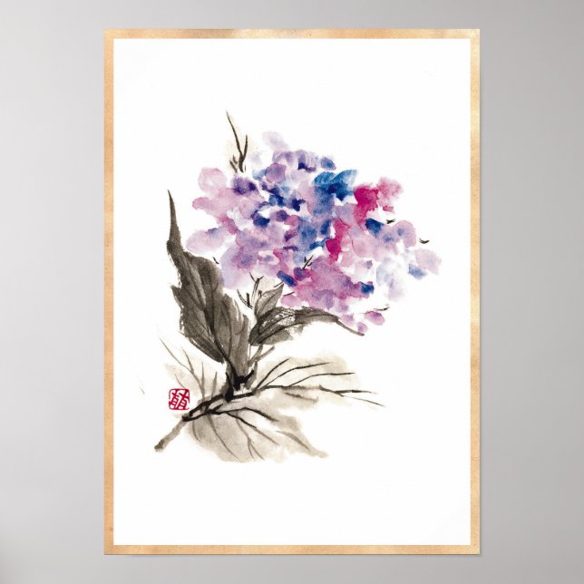 Coole orientalische Blume mit klassischer Wasserfa Poster (Vorne)