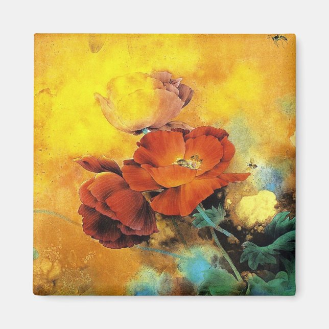 Coole orientalische Mohnblüte Blume Aquarell Magnet (Vorne)