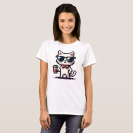 Coole Pixel Cat mit Kaffee - 8-Bit Retro Feline T-Shirt