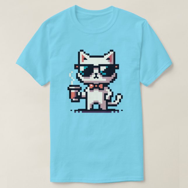 Coole Pixel Cat mit Kaffee - 8-Bit Retro Feline T-Shirt (Design vorne)