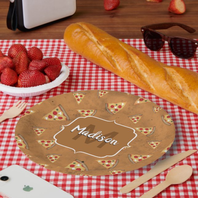 Coole Pizzaslicen Vintag-braune Muster Monogramm Pappteller (Picknick)