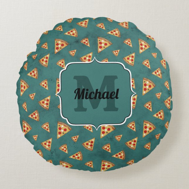 Coole Pizzaslicen Vintages aquamarines Muster Mono Rundes Kissen (Vorderseite)