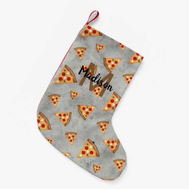Coole Pizzaslicen Vintages graues Muster Monogram Kleiner Weihnachtsstrumpf (Vorderansicht (hängend))