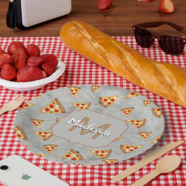 Coole Pizzaslicen Vintages graues Muster Monogram Pappteller (Picknick)