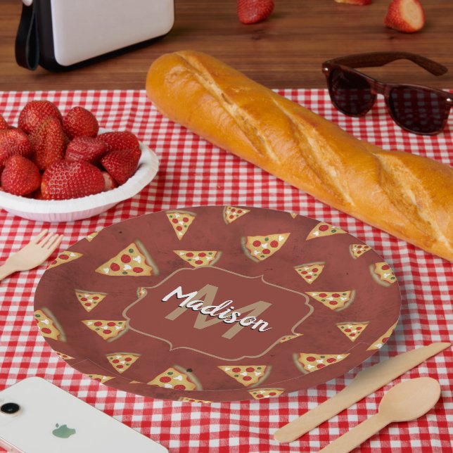 Coole Pizzaslicen Vintages rotes Muster Monogram Pappteller (Picknick)
