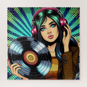 Coole Pop-Art-Comicstil-Girl mit Vinyl-Album