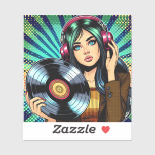 Coole Pop-Art-Comicstil-Girl mit Vinyl-Album Aufkleber