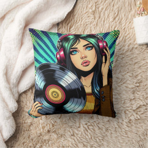 Coole Pop-Art-Comicstil-Girl mit Vinyl-Album Kissen