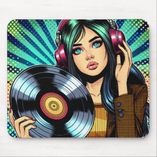 Coole Pop-Art-Comicstil-Girl mit Vinyl-Album Mousepad