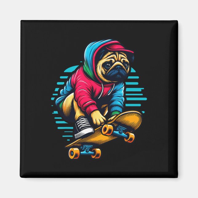 Coole Pug-Hundebesitzer-Skateboard-Illustrationsku Magnet (Vorne)