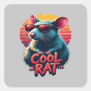 Coole Ratte mit Sonnenbrille Retro Sunset Design Quadratischer Aufkleber