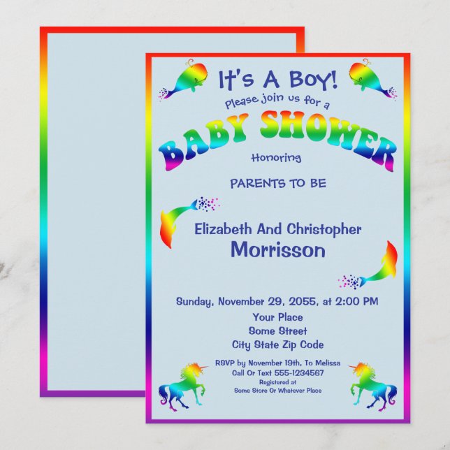 Coole Regenbogen-Jungen-Baby-Dusche mit süßen Einladung (Vorne/Hinten)