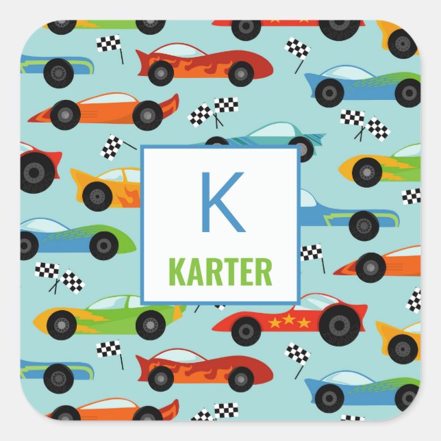 Coole Rennwagen Personalisiert Kindergarten Kinder Quadratischer Aufkleber (Vorderseite)
