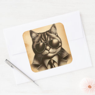 Coole Retro-Katze in Aviator-Sonnenbrille, Sepia Quadratischer Aufkleber
