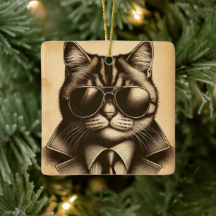 Coole Retro Katze in Aviator Sonnenbrille Weihnach Keramikornament