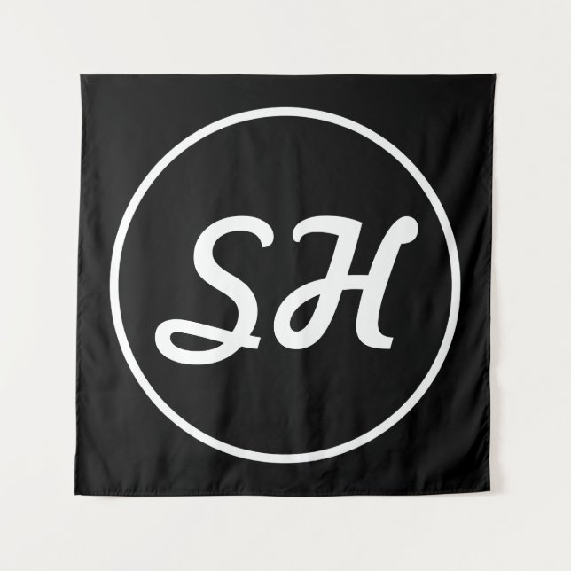 Coole Retro-Moderne Monogramm | Schwarz/Weiß Wandteppich (Vorderseite)