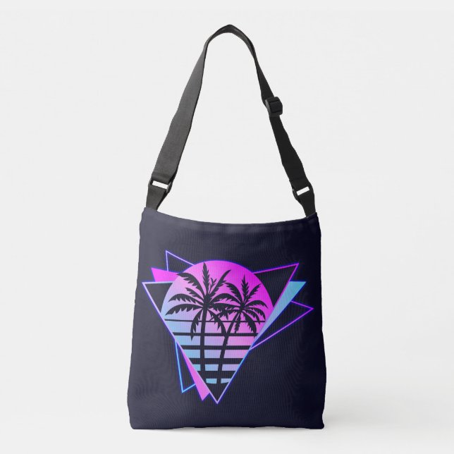 Coole Retro Tropical Palm Trees geometrisch Tragetaschen Mit Langen Trägern (Vorderseite)