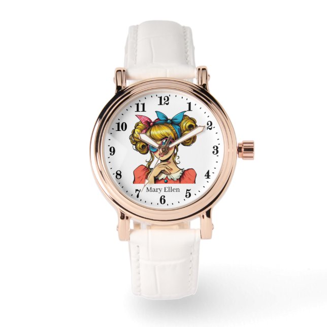 Coole Retrofrau gibt Namen Armbanduhr (Vorderseite)