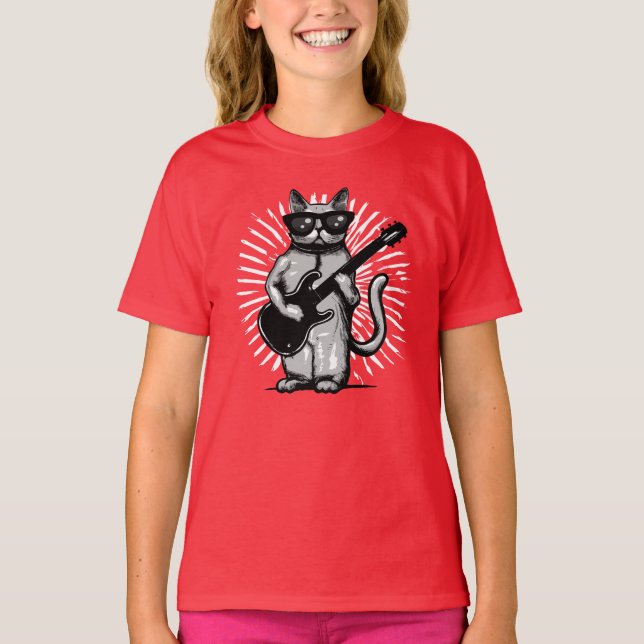 Coole Rock and Roll Cat Gitarre spielen T-Shirt (Vorderseite)