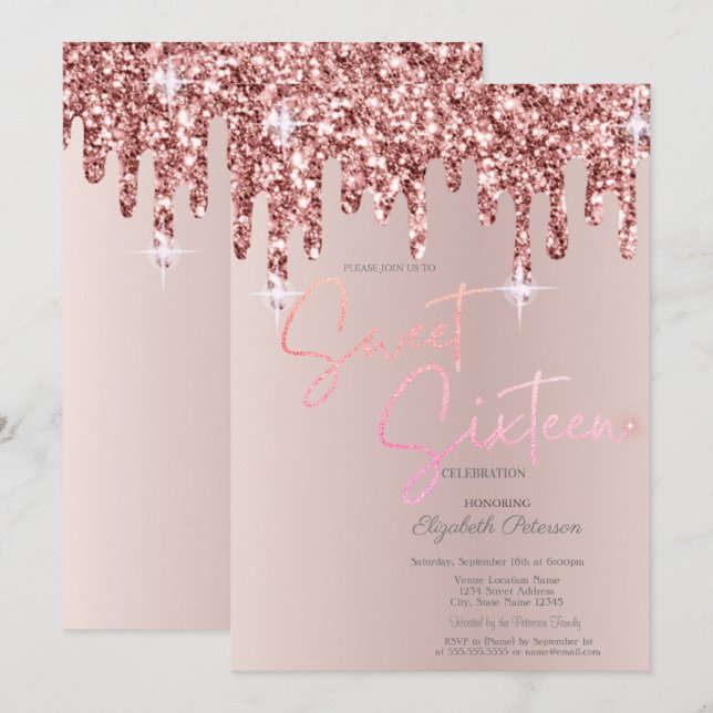 Coole Rose Gold Glitzer Tropfen Rosa Sweet 16 Einladung (Vorne/Hinten)