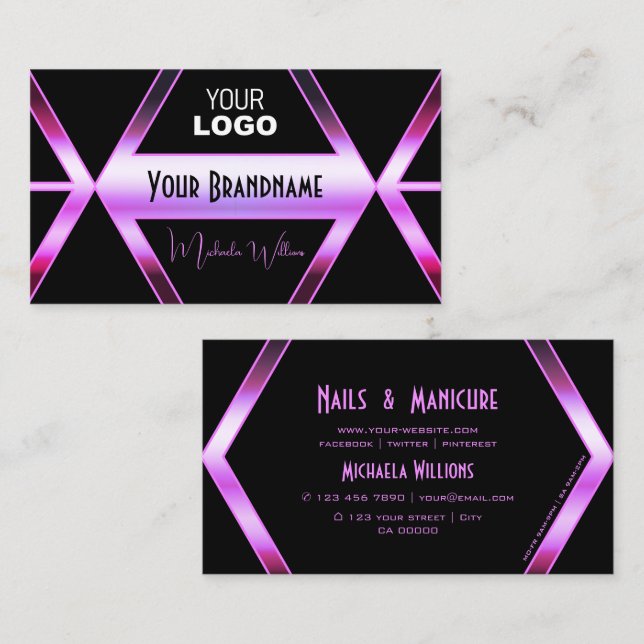 Coole Schwarz Geometrie Rosa Lila Shimmer mit Logo Visitenkarte (Vorne/Hinten)