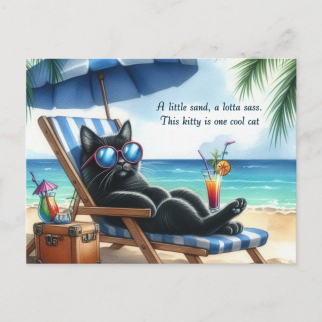Coole Schwarze Katze am Strand Postkarte (Vorderseite)