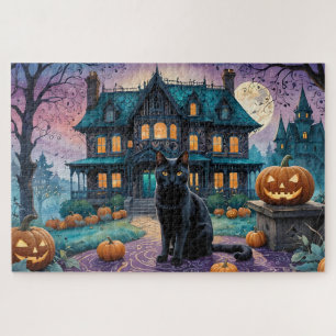 Coole Schwarze Katze, Kürbislaternen, Spooky House