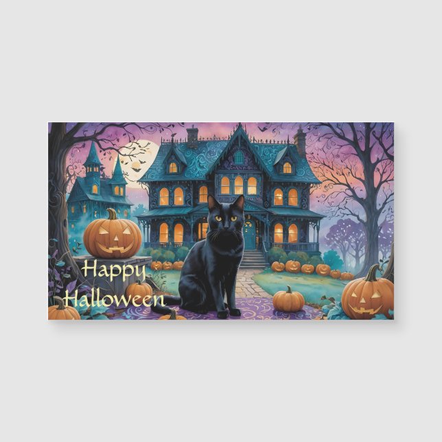 Coole Schwarze Katze, Kürbislaternen, Spooky House Magnetkarte (Vorderseite)