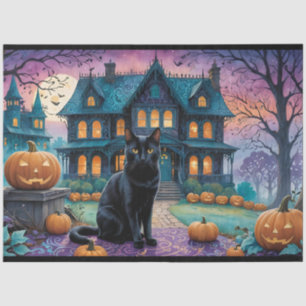 Coole Schwarze Katze, Kürbislaternen, Spooky House Seidenpapier