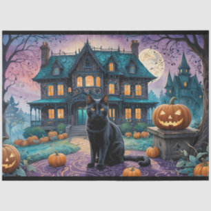 Coole Schwarze Katze, Kürbislaternen, Spooky House Seidenpapier