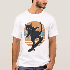 Coole schwarze Katze Skateboarder Retro 80er Sonne T-Shirt