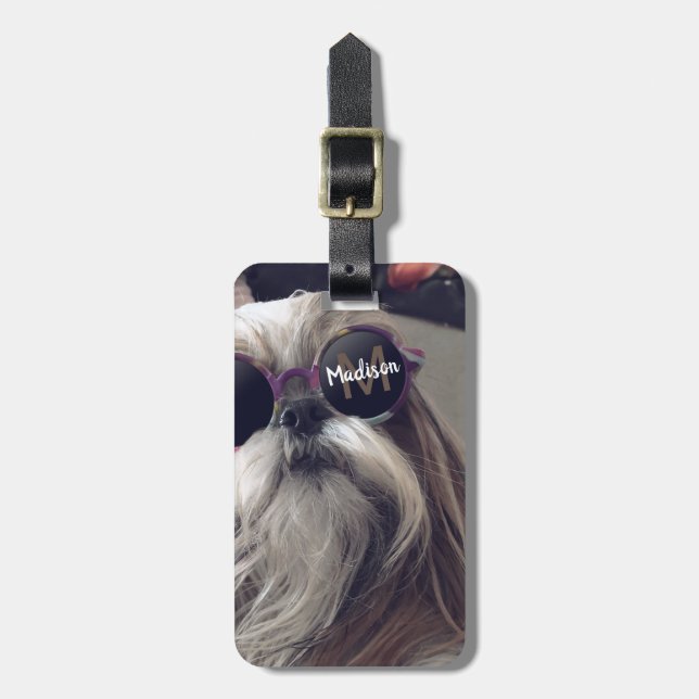 Coole Shih Tzu Vintage Retrobrille Foto Monogramm Gepäckanhänger (Vorderseite vertikal)
