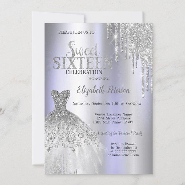 Coole Silber-Glitzer-Tropfen, Kleid Violett Sweet  Einladung (Vorderseite)
